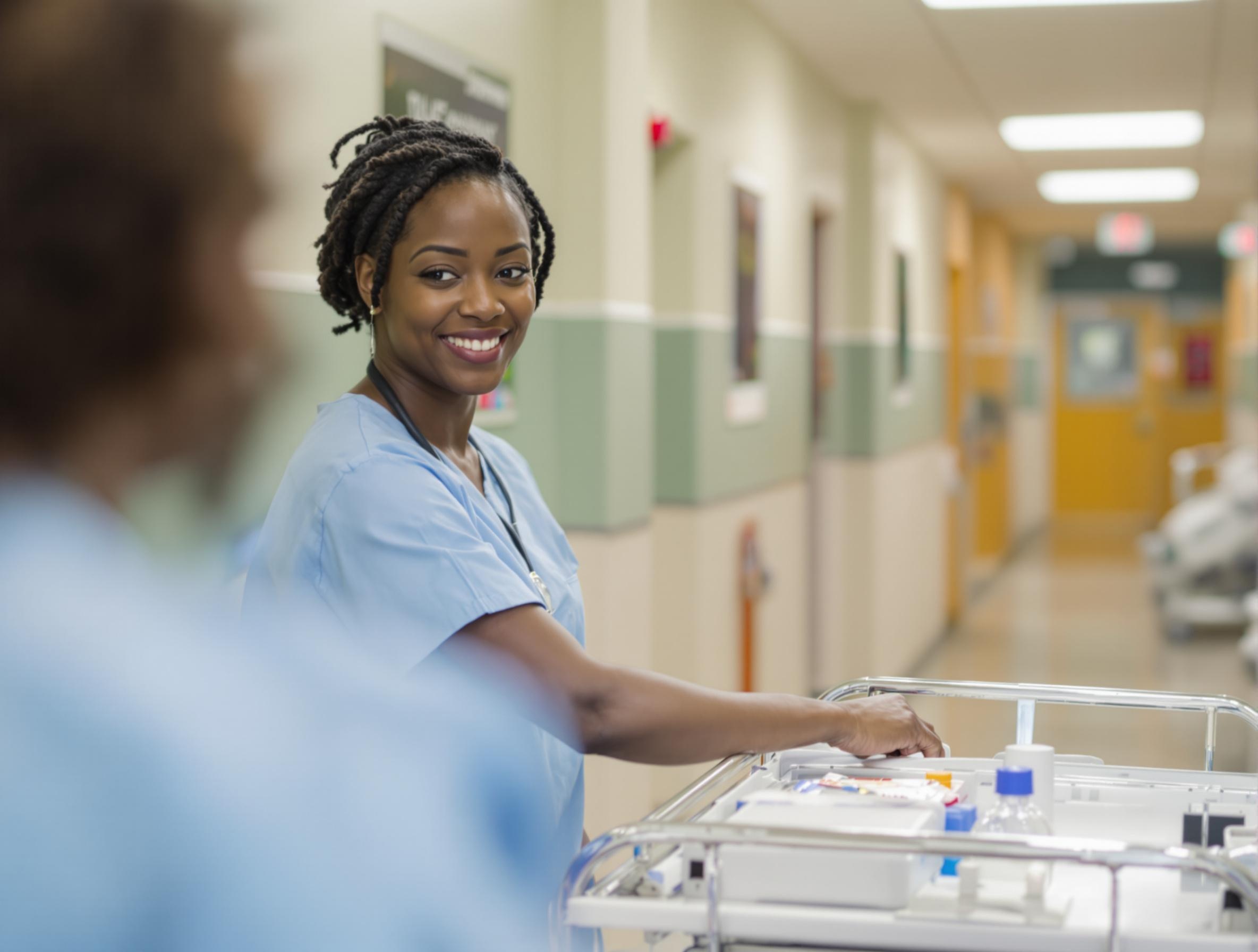 A nurse preparing a medical cart, demonstrating preparedness and focus in a clinical setting