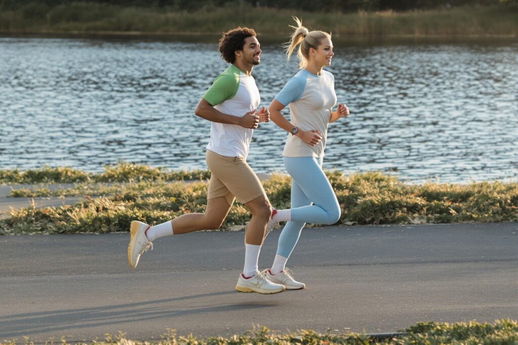 A man and a woman jogging beside the river