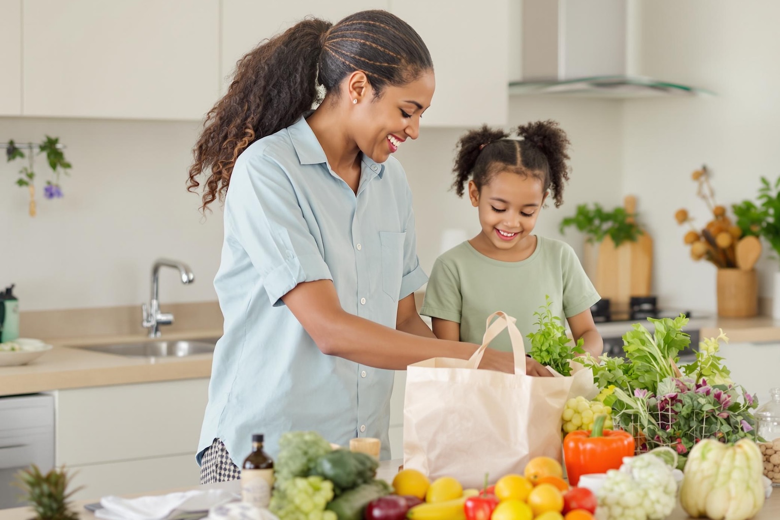 family unpacking groceries