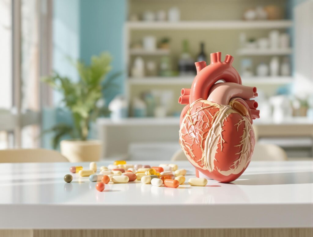 A realistic heart model on a white table in a healthcare setting with colorful vitamins arranged in the foreground