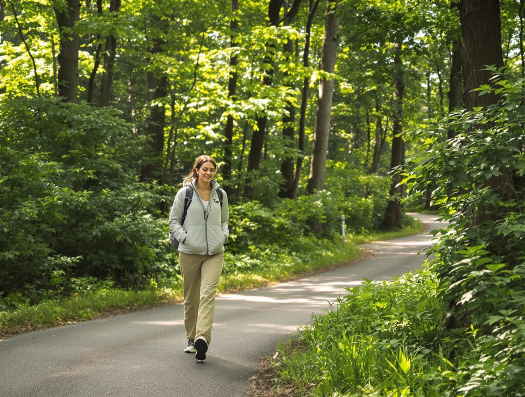 A person in their mid-30s walking along a scenic forest path surrounded by lush greenery and tall trees. Sunlight filters through the leaves, creating a warm and tranquil atmosphere. The individual is dressed in casual, comfortable clothing and appears calm and reflective.