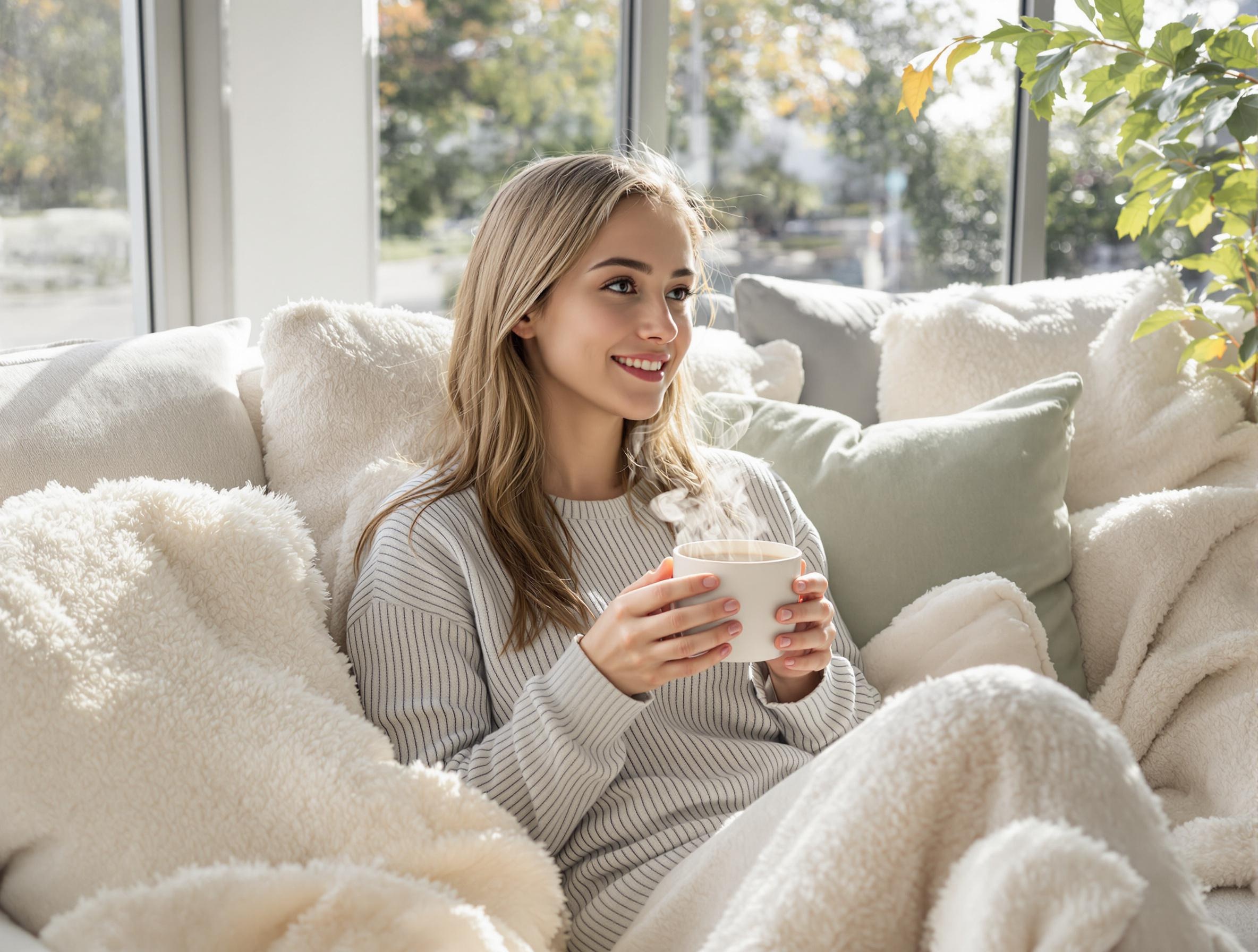 A young adult comfortably seated with a steaming mug of tea, surrounded by plush pillows and a soft throw, exuding warmth and relaxation.