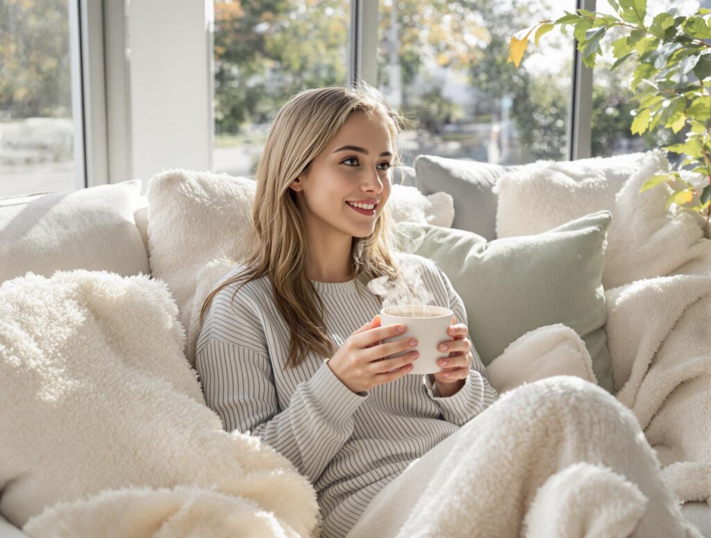A young adult comfortably seated with a steaming mug of tea, surrounded by plush pillows and a soft throw, exuding warmth and relaxation.