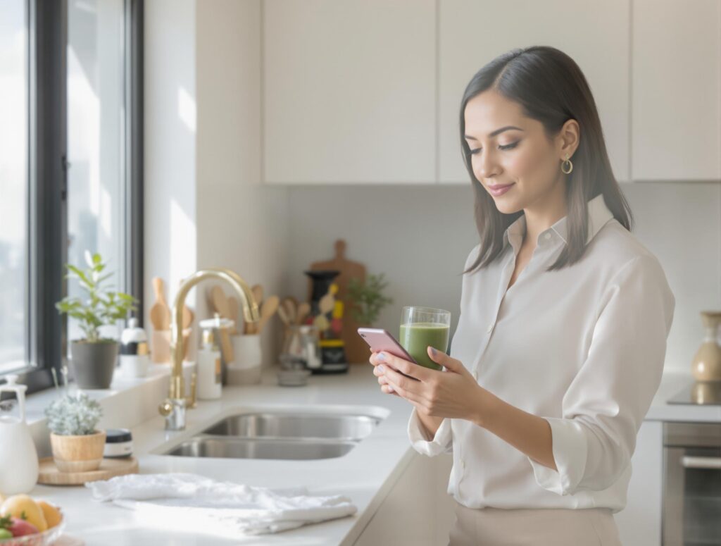 A professional woman in her early 30s stands in a minimalist kitchen, holding a green smoothie and checking a mental health app on her phone. The kitchen is bright and inviting, with white countertops and wooden accents.